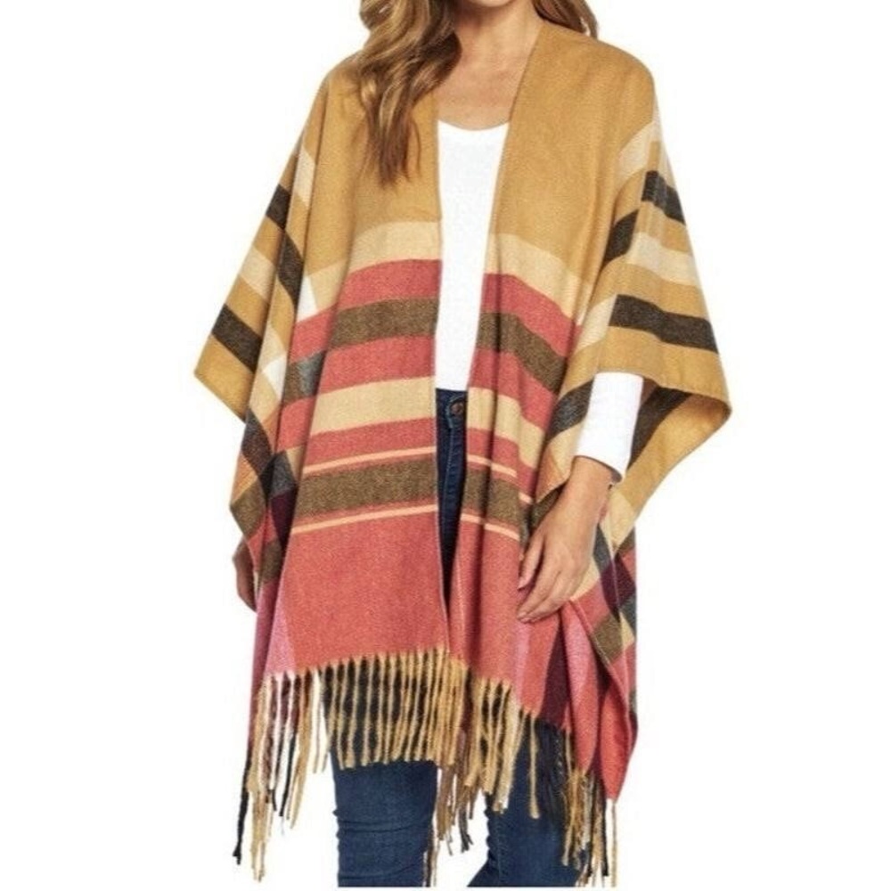 Woolrich Justin Poncho Blanket Shawl Womens OS Plaid Tan Red Fringe Western New